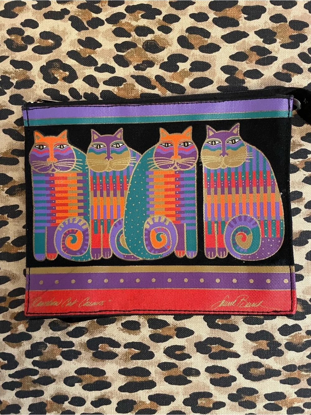 Laurel Burch Multicolor Cat Pouch - Purple, Teal, Orange, Red, Gold 8”x 6.5”